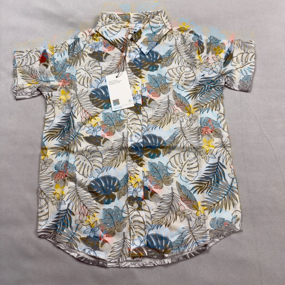 Quince Kids 100% Linen Short Sleeve Shirt Multi Palm Flamingo Print Size‎ 8 NEW